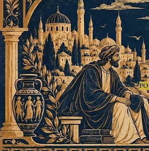Gravure : un savant musulman assis face à la mer, ville orientale à l'arrière-plan